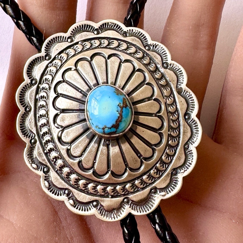 Navajo Golden‎ Hills Blue Turquoise Bolo Tie Sterling Signed TF Native American